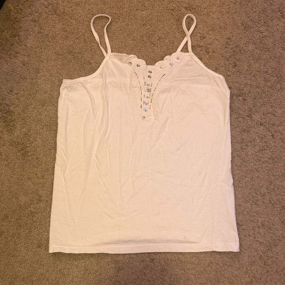White Cotton Camisole Top With Sequins And Rhinestones